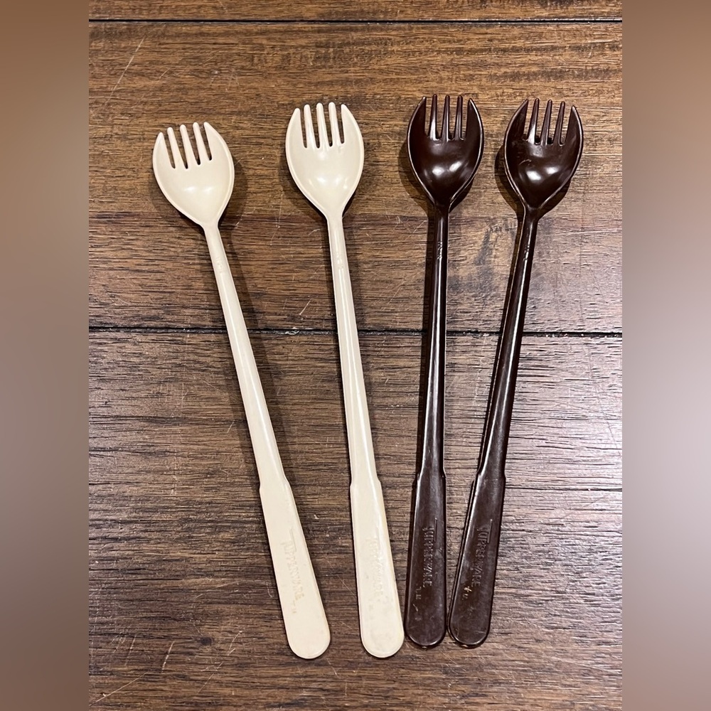 Vintage Tupperware #175 Sporks Set of 4 Brown Almond Camping Utensils MCM
